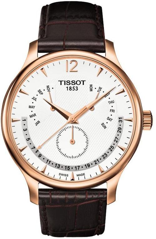 tissot 天梭俊雅系列 万年历白色表盘真皮表带男士防水石英表 t